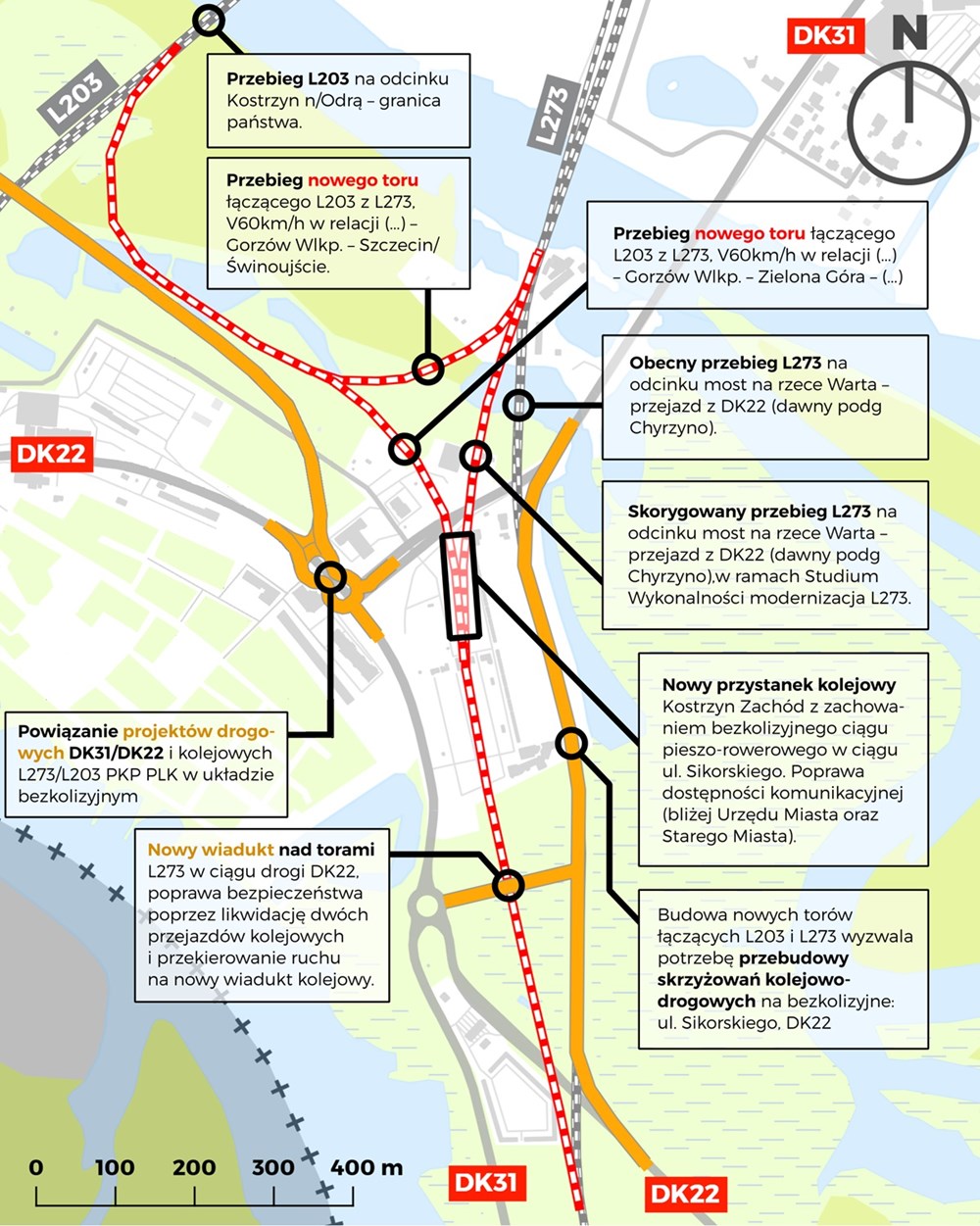 Projekt planowanej łącznicy kolejowej w Kostrzynie nad Odrą, łączącej linię 203 Gorzów Wielkopolski – Kostrzyn z linią 273 w kierunku Szczecina.