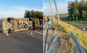 Poważny wypadek na S3 w Gorzowie. Bus przewrócił się na bok, osobówka wpadła do rowu