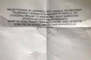 Pogróżki znalezione na wycieraczce