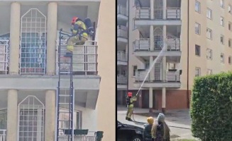 Gorzów: Pożar na balkonie w bloku. Strażak wchodził po drabinie