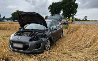 Trzy rozbite auta. Jeden peugeot skosił znak, drugi zatrzymał się w zbożu