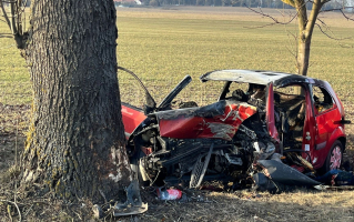 Śmiertelny wypadek na DK22. Kierujący Fordem uderzył w drzewo, auto zaczęło się palić