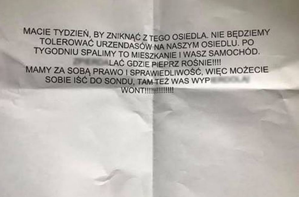 Pogróżki znalezione na wycieraczce