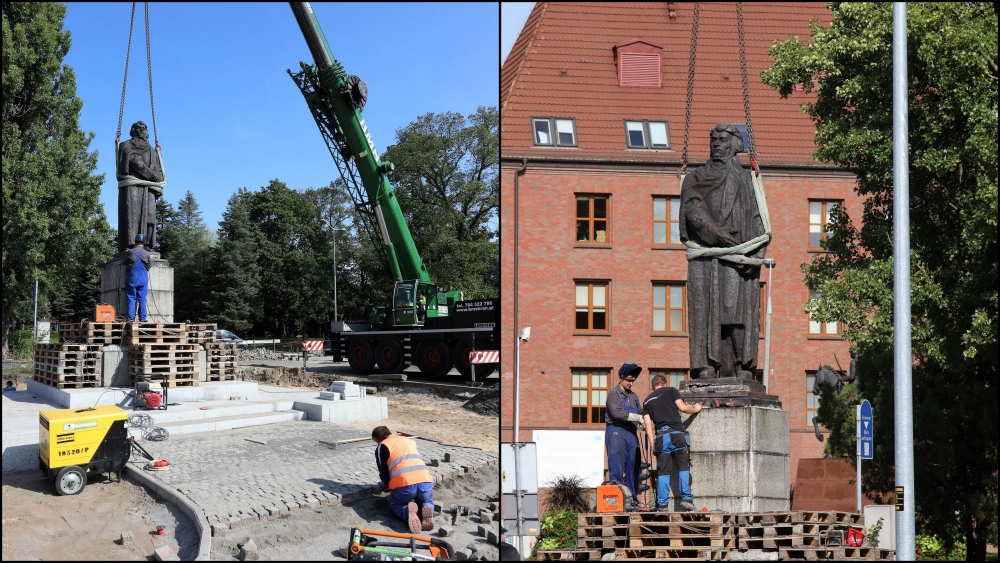 Dźwig w akcji. Pomnik Mickiewicza wrócił na miejsce