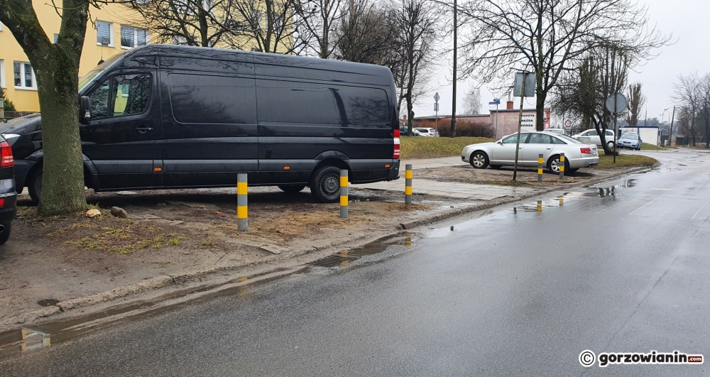 Kierowcy radzili sobie jak mogli i parkowali na pasie zieleni. Właśnie ustawiono tam słupki