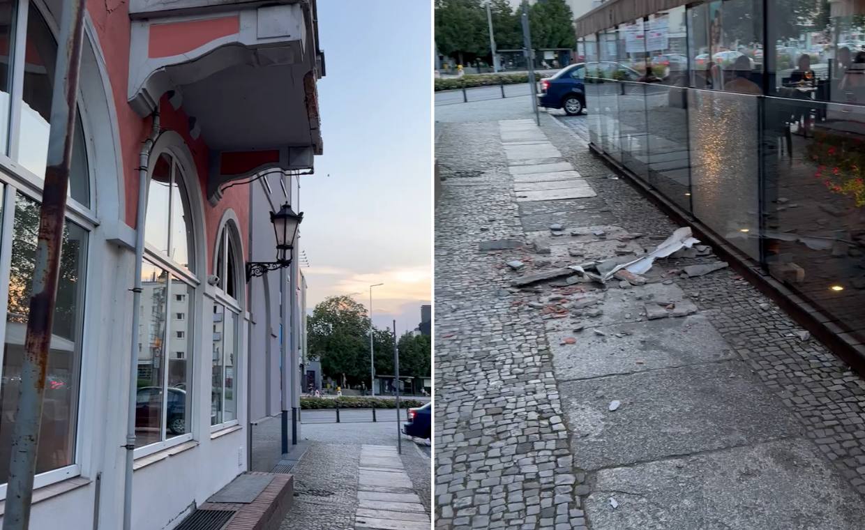 Akcja straży w centrum Gorzowa. Elementy balkonu spadły na chodnik