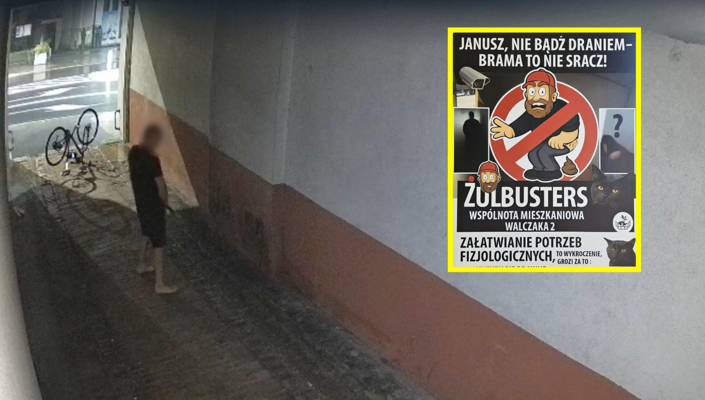 Janusz poczuł się urażony tablicą i groził sądem. Tymczasem brama znów służy za toaletę