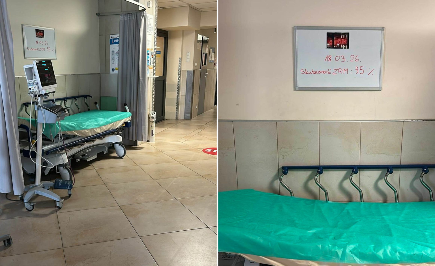 Tablica triażu w Szpitalnym Oddziale Ratunkowym w Gorzowie z napisem dotyczącym statystyki nieskuteczności zespołów ratownictwa medycznego.