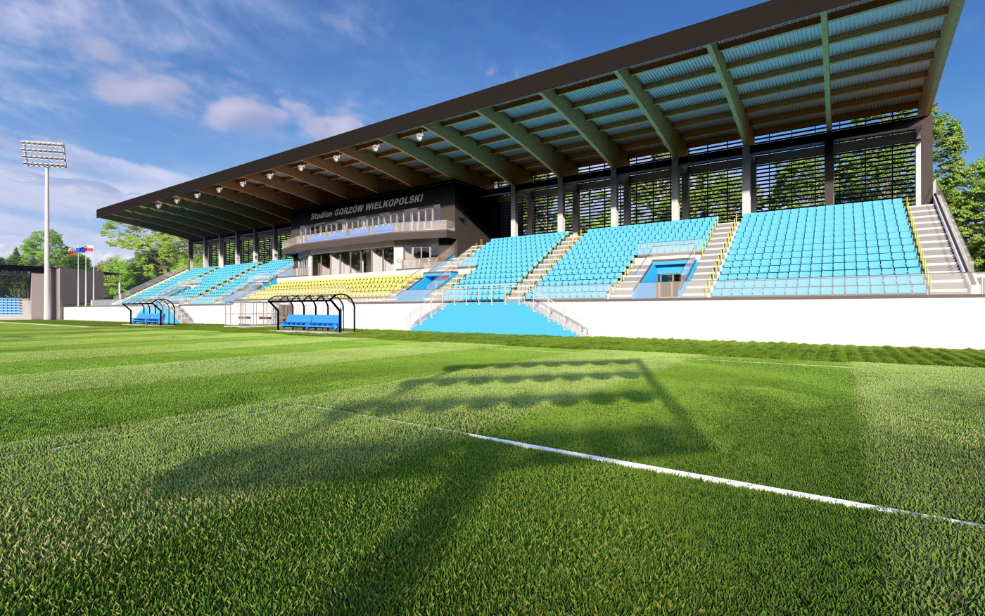 Wizualizacja stadionu piłkarskiego przy ul. Olimpijskiej w Gorzowie. Nowoczesna trybuna zachodnia i oświetlenie obiektu Stilonu oraz Warty