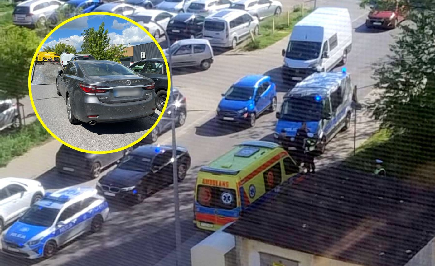 Zablokowana droga i radiowozy policyjne po awanturze kierowców i potrąceniu mężczyzny w pobliżu Intermarche ulica Wyczółkowskiego Gorzów Wielkopolski