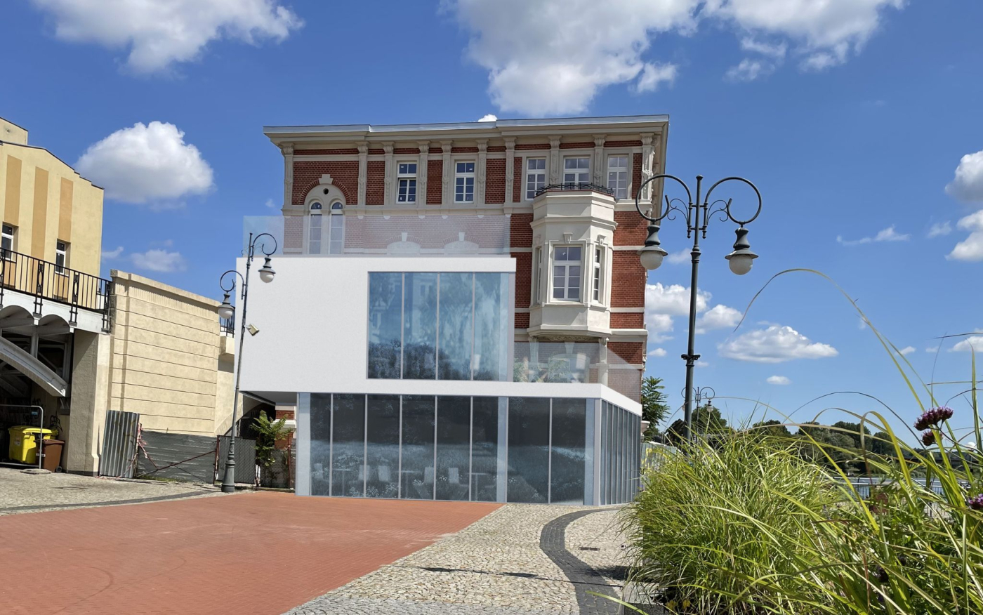 przebudowa zabytkowej willi herzoga  wizualizacja przebudowy nowoczesne szklane skrzydła remont zabytków hotel restauracja nad warta bulwar wschodni 