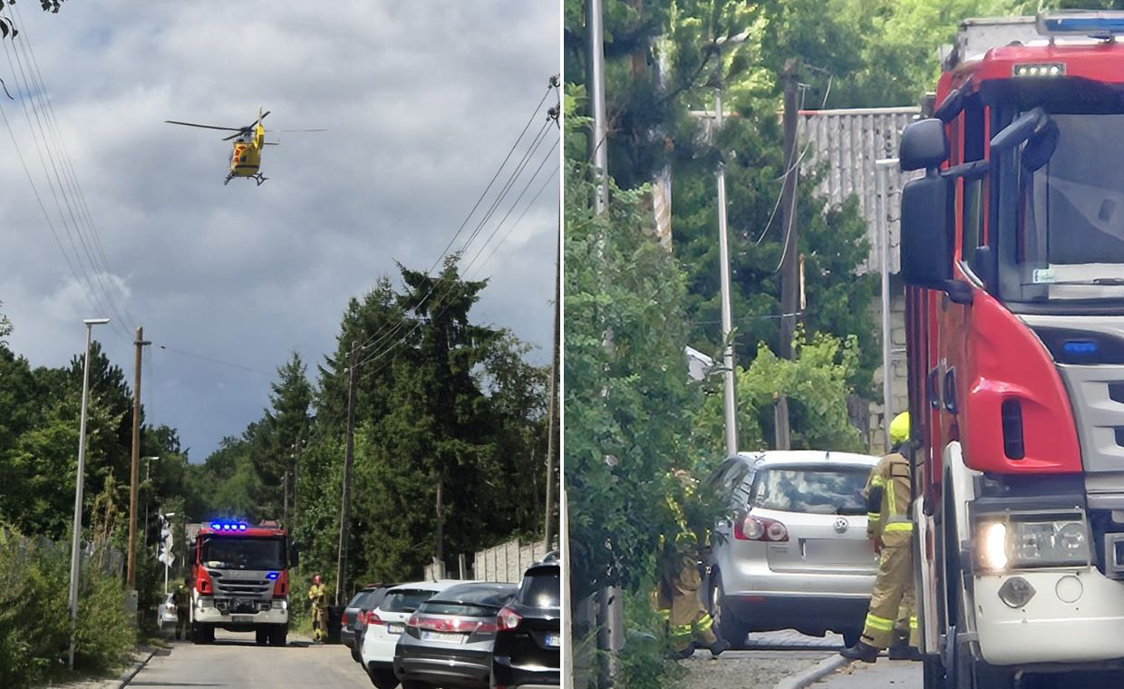 Wypadek w Czechowie ulica Bukowa śmigłowiec LPR i rozbity volkswagen Gorzów
Akcja ratunkowa w Czechowie koło Gorzowa śmigłowiec Lotniczego Pogotowia Ratunkowego na miejscu wypadku