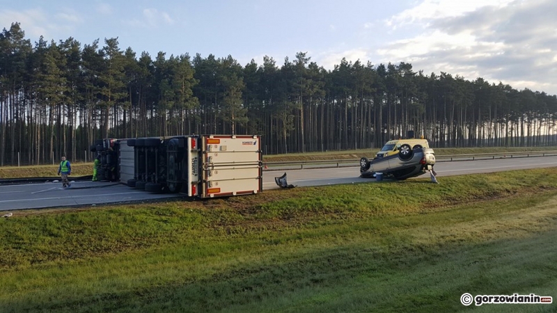 3/7 Przewrócona ciężarówka i osobówka na A2
