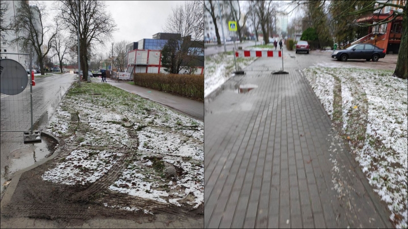 6/6 Kierowcy omijają po chodniku i ścieżce rowerowej zamknięty fragment ul. Piłsudskiego