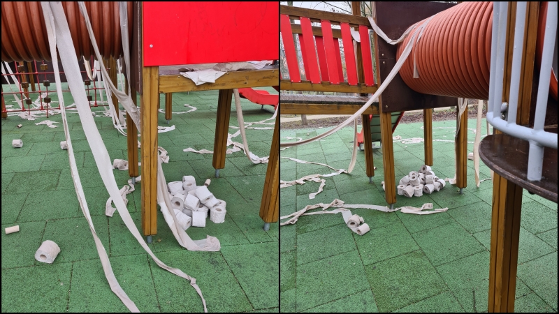 7/8 Plac zabaw nad Kłodawką obrzucony papierem toaletowym