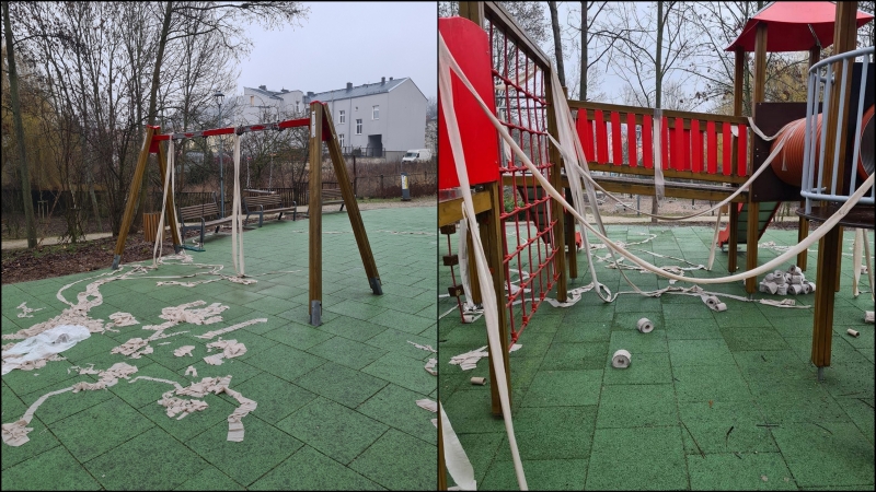 8/8 Plac zabaw nad Kłodawką obrzucony papierem toaletowym