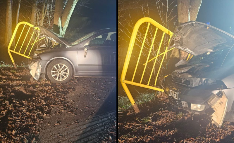 4/5 Wypadek w Kłodawie. Skoda uderzyła w barierki i drzewo