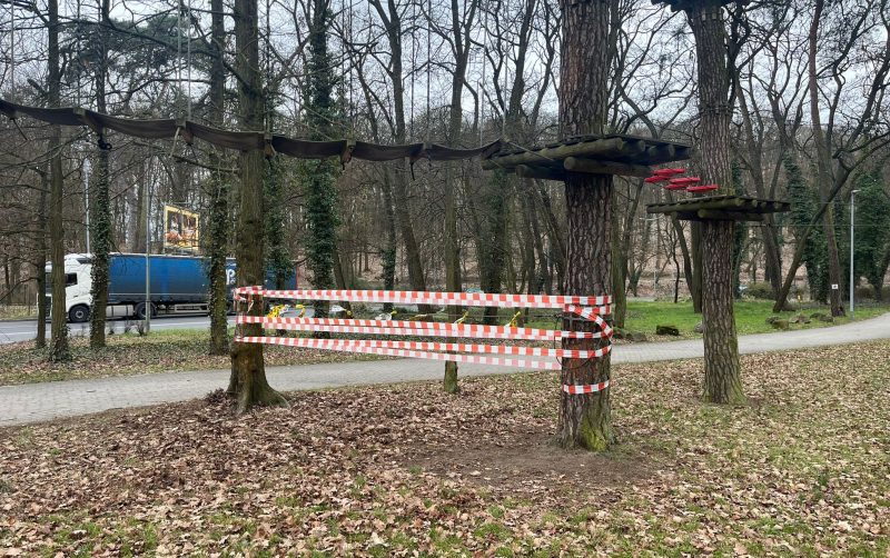 2/3 Nastolatka na hulajnodze wjechała w rozwieszoną linkę w parku linowym