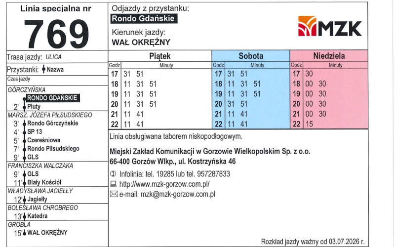 2/13 Rozkład jazdy MZK Gorzów na Urodziny Miasta Gorzowa