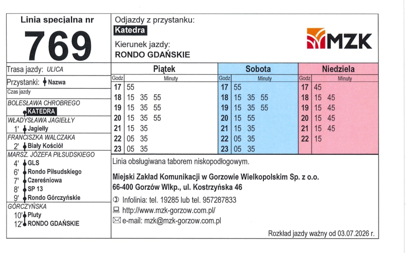 3/13 Rozkład jazdy MZK Gorzów na Urodziny Miasta Gorzowa