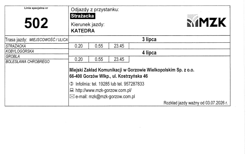 4/13 Rozkład jazdy MZK Gorzów na Urodziny Miasta Gorzowa