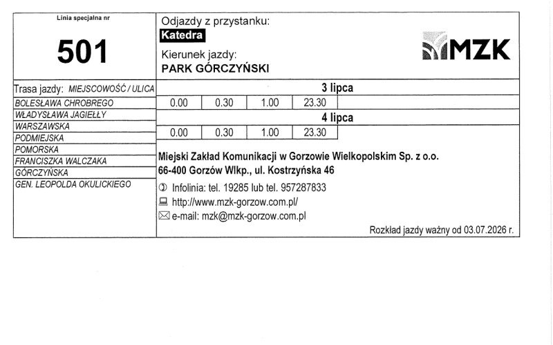5/13 Rozkład jazdy MZK Gorzów na Urodziny Miasta Gorzowa