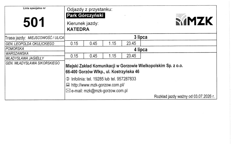 6/13 Rozkład jazdy MZK Gorzów na Urodziny Miasta Gorzowa