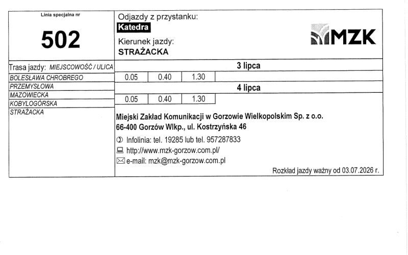 7/13 Rozkład jazdy MZK Gorzów na Urodziny Miasta Gorzowa