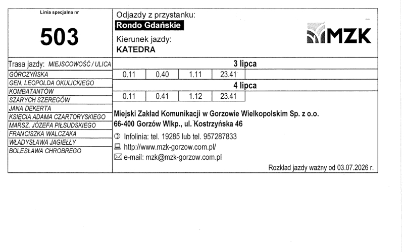 8/13 Rozkład jazdy MZK Gorzów na Urodziny Miasta Gorzowa
