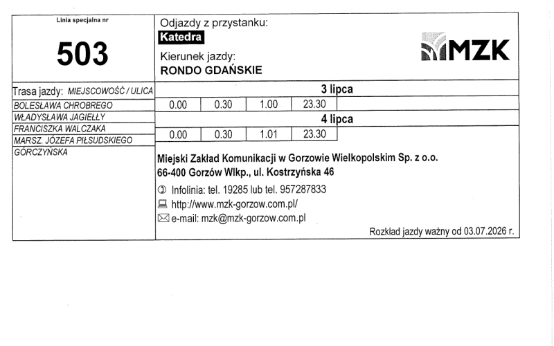 9/13 Rozkład jazdy MZK Gorzów na Urodziny Miasta Gorzowa