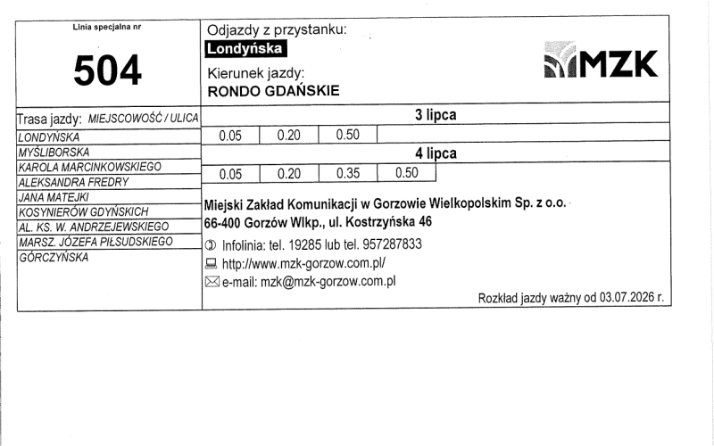 10/13 Rozkład jazdy MZK Gorzów na Urodziny Miasta Gorzowa