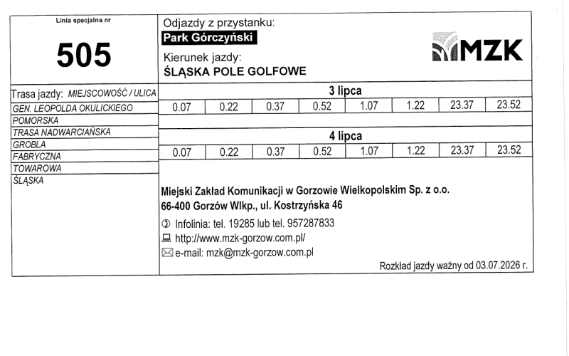 11/13 Rozkład jazdy MZK Gorzów na Urodziny Miasta Gorzowa