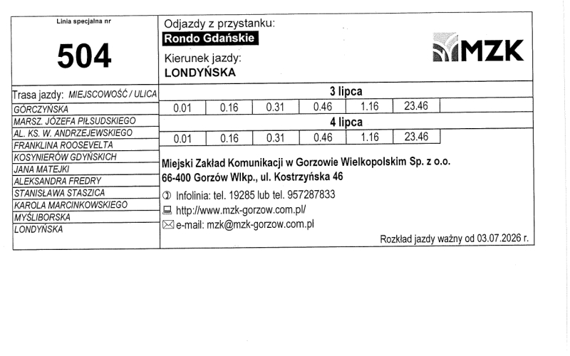 12/13 Rozkład jazdy MZK Gorzów na Urodziny Miasta Gorzowa