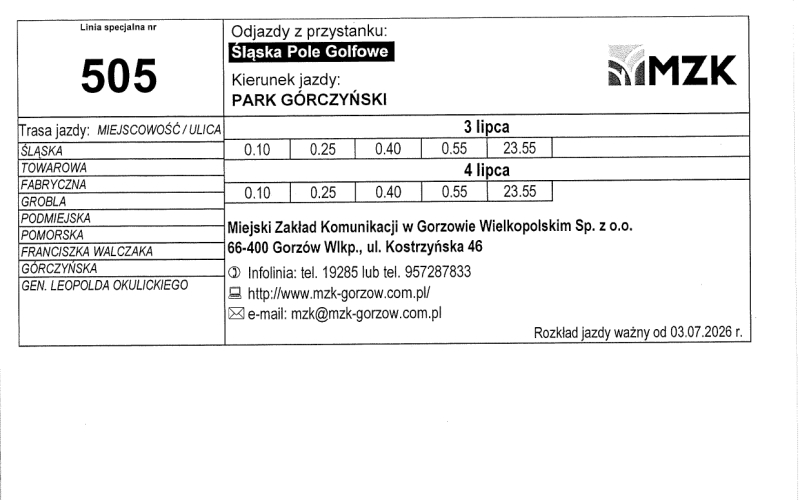 13/13 Rozkład jazdy MZK Gorzów na Urodziny Miasta Gorzowa