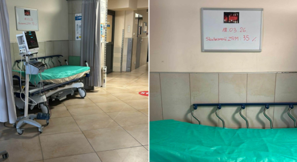 Tablica triażu w Szpitalnym Oddziale Ratunkowym w Gorzowie z napisem dotyczącym statystyki nieskuteczności zespołów ratownictwa medycznego.