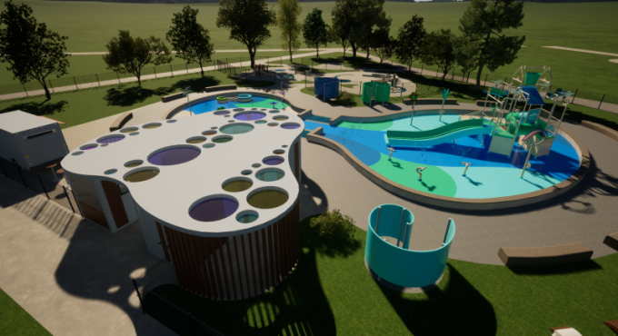 Wizualizacja wodny plac zabaw park Górczyński Gorzów zamek wodny zjeżdżalnie i brodzik dla dzieci Gorzów inwestycje miejskie 2026