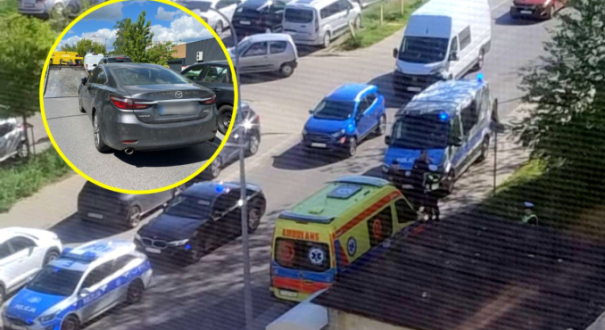 Zablokowana droga i radiowozy policyjne po awanturze kierowców i potrąceniu mężczyzny w pobliżu Intermarche ulica Wyczółkowskiego Gorzów Wielkopolski